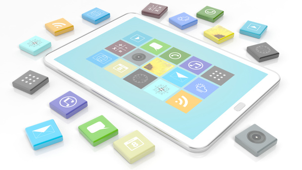 Tablet met apps in de vorm van een afgekante vierkante, geïsoleerde op witte achtergrond. - Foto, afbeelding