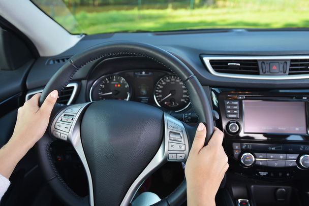 female hands on steering wheel - 写真・画像