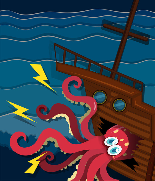 Гигантский осьминог разбивает корабль
 - Вектор,изображение