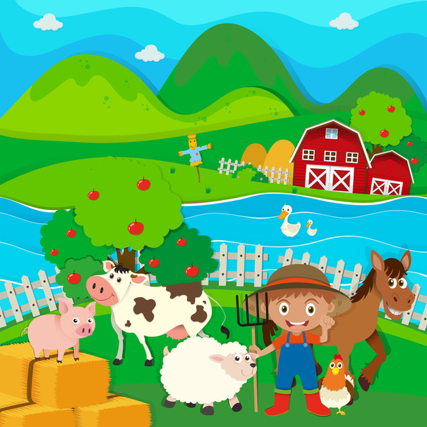 Rolnik i zagroda zwierzęta na farmie - Wektor, obraz