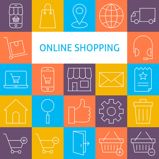 Vector Line Art Modern Online Shopping Icons Set - Вектор,изображение