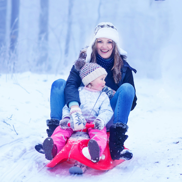 mother and cute little toddler daughter having fun on a sledge i - Φωτογραφία, εικόνα