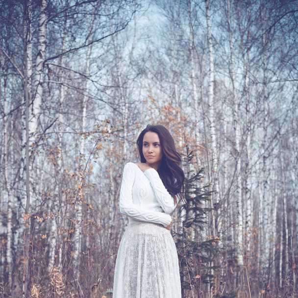 Beautiful lady in a birch forest - 写真・画像