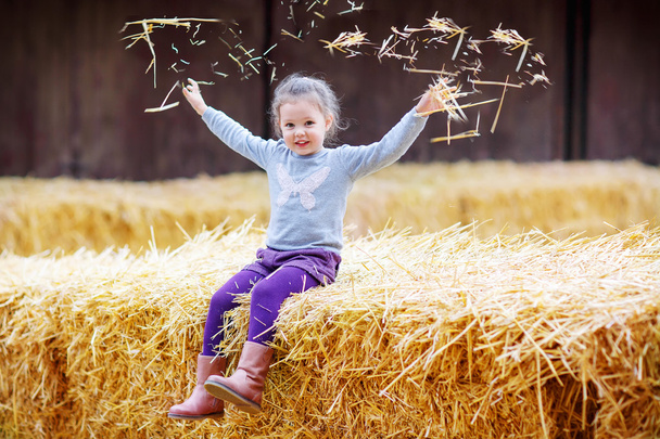 Pequeña linda chica feliz divirtiéndose con heno en una granja
 - Foto, imagen