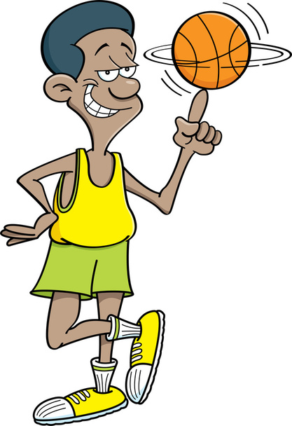 Jugador de baloncesto de dibujos animados sosteniendo una pelota en su dedo
. - Vector, Imagen