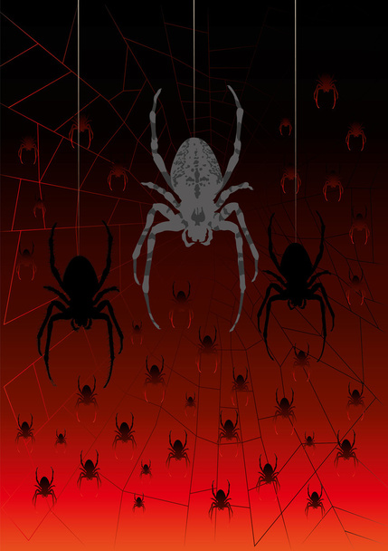 Halloween spiders dangling from a cobweb - Vector, Image