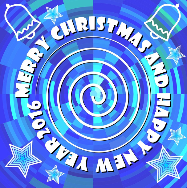 Moderní dekorace s nápisem Veselé Vánoce a šťastný nový rok 2016, součástí zvony a vánoční hvězdy. Bílý design na modré fragmentovaných pozadí, text umístěný na prvku spirála. - Vektor, obrázek