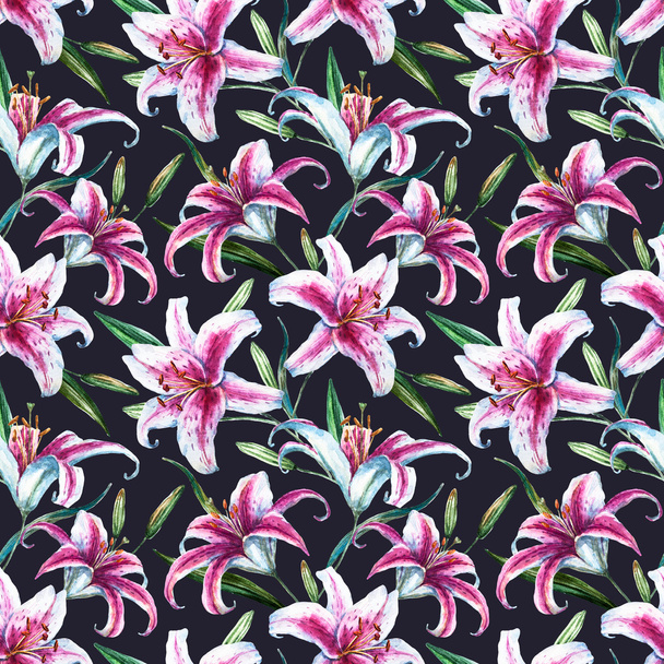 Raster tropical watercolor lilly pattern - Fotoğraf, Görsel