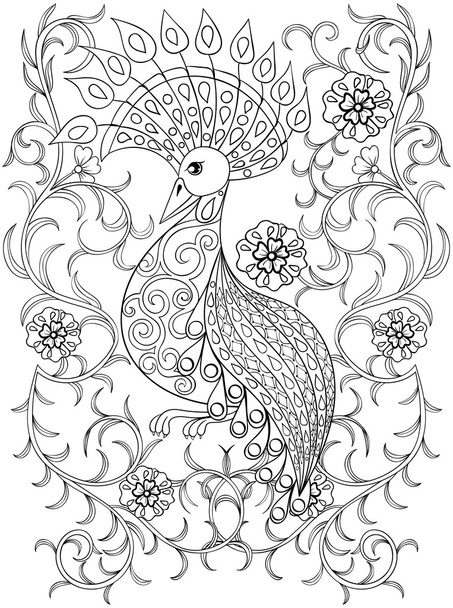 Розмальовка з птахом у квітах, пташка з зіркою
 - Вектор, зображення