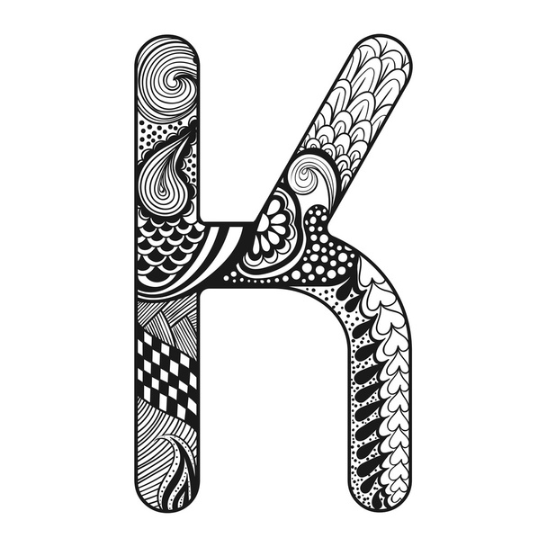 Zentangle alfabeto estilizado. Carta de renda K em estilo doodle. Mão
 - Vetor, Imagem