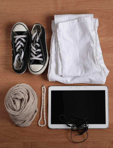 casual fashion set clothes - jeans, shoes, accessories - Фото, изображение