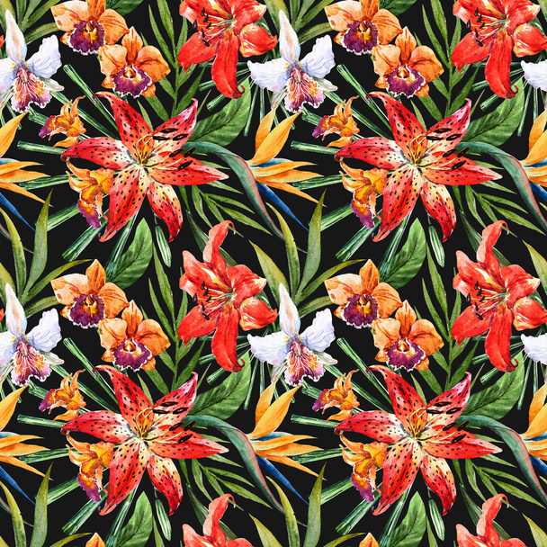 Raster tropical watercolor lilly pattern - Foto, Imagem