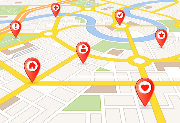 Vector Mapa da cidade prospectiva com marcadores
 - Vetor, Imagem