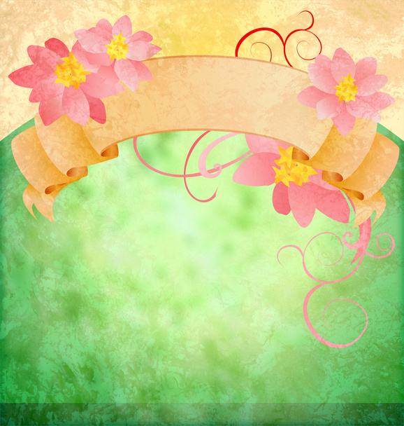 Grunge vintage green background with pink flowers and scroll - Photo, Image