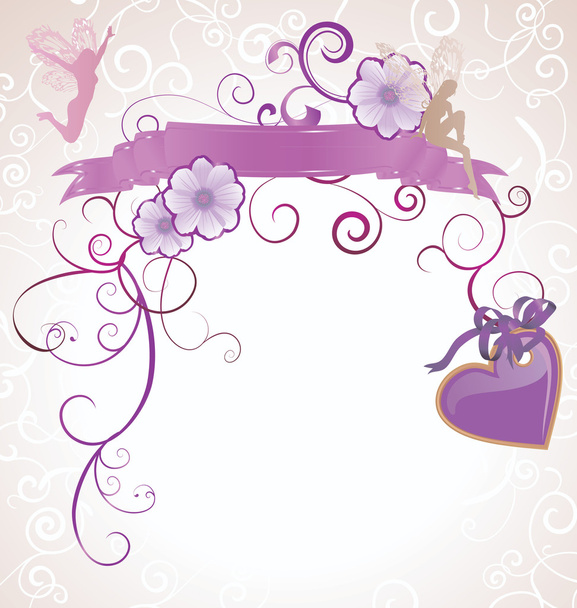 Violeta o púrpura hadas y flores corazón scrollon blanco backgr
 - Foto, Imagen