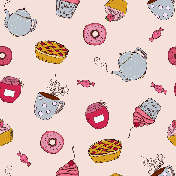 nahtloses Muster mit Süßigkeiten, Cupcakes, Marmelade und Tee im Doodle-Stil - Vektor, Bild