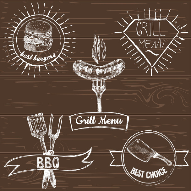 Set handgezeichneter Retro-Grill und Grill-Embleme - Vektor, Bild