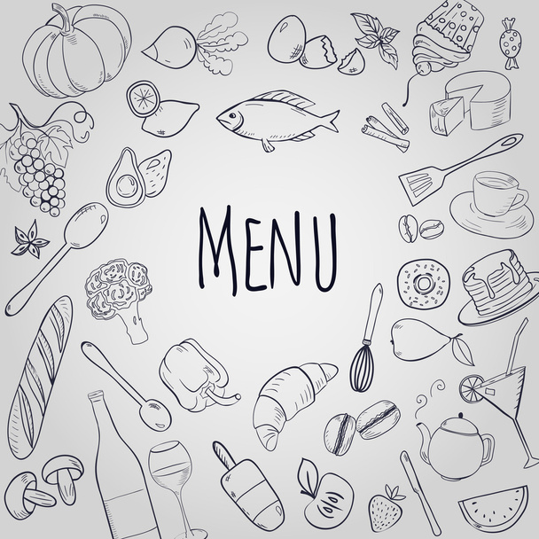 Menu template with doodle style food - Vector, Image