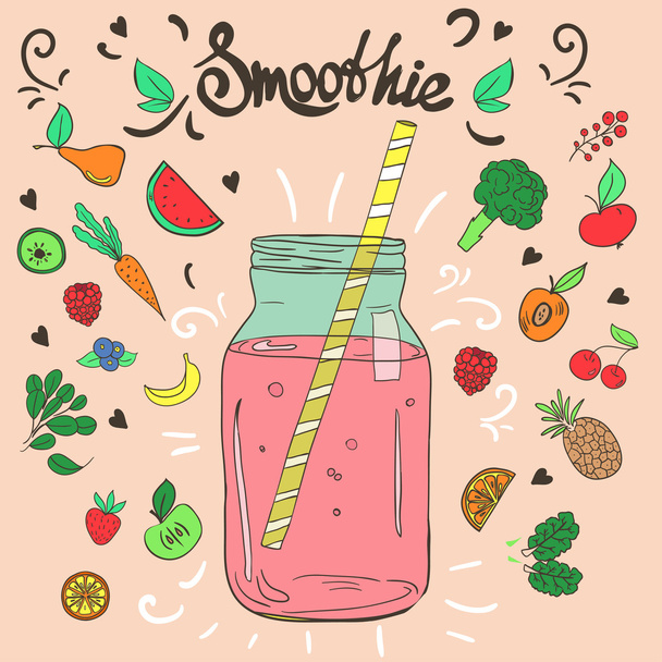 Hand drawn fruits, smoothie jar and doodles. - Вектор,изображение