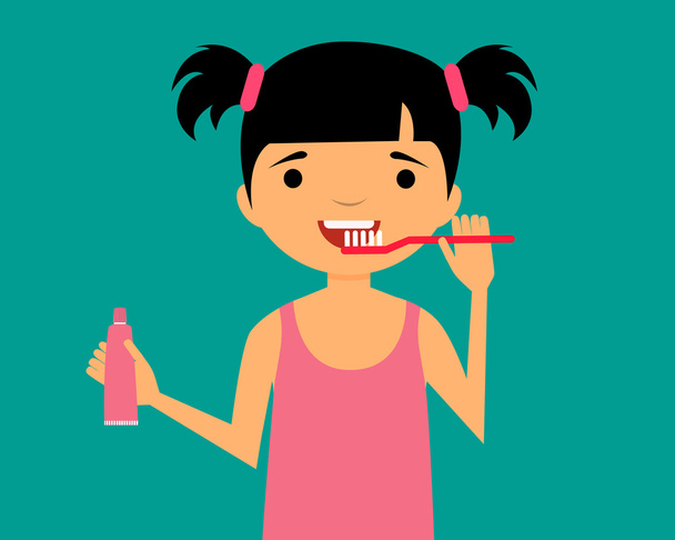 kleines Mädchen putzt Zähne und hält Zahnpasta in der Hand. Vektorillustration - Vektor, Bild