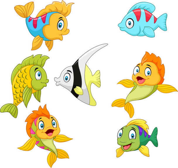 Cartoon fish collection set isolated on white background - Vector, Image