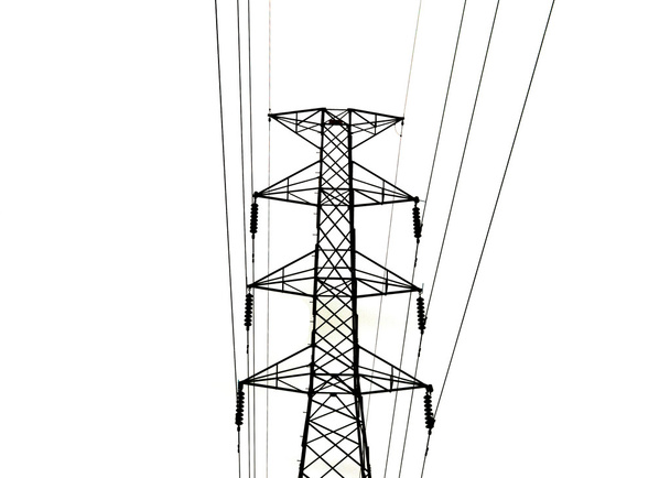 Linhas de transmissão de alta tensão isoladas no fundo branco
 - Foto, Imagem