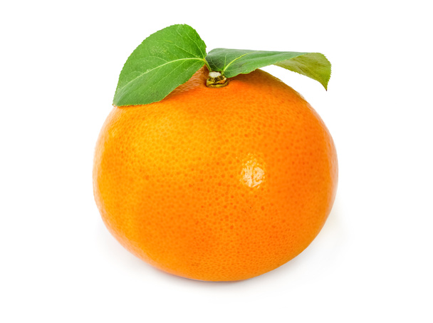 Naranja maduro con hojas sobre fondo blanco
 - Foto, imagen