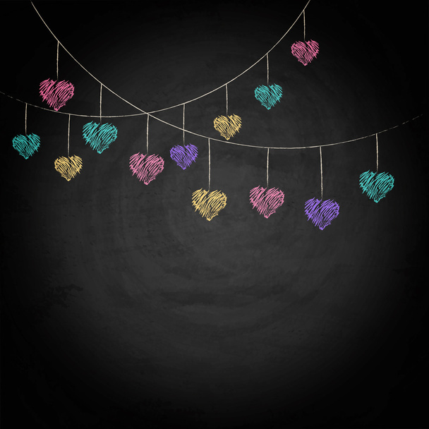 Blackboard background with drawing bunting hearts - Vector, Image