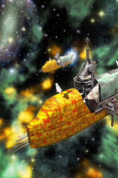 貨物宇宙船と星雲 - 写真・画像