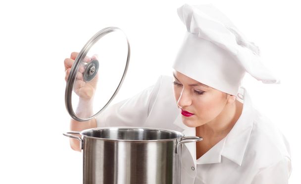 Woman chef cook with pot. - Фото, зображення