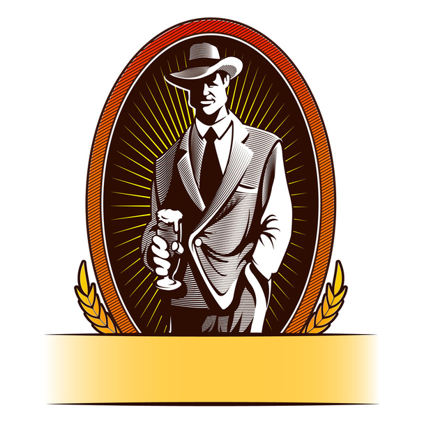 Design des Bieretiketts enthält Bilder von einem Mann, der Bier trinkt - Vektor, Bild
