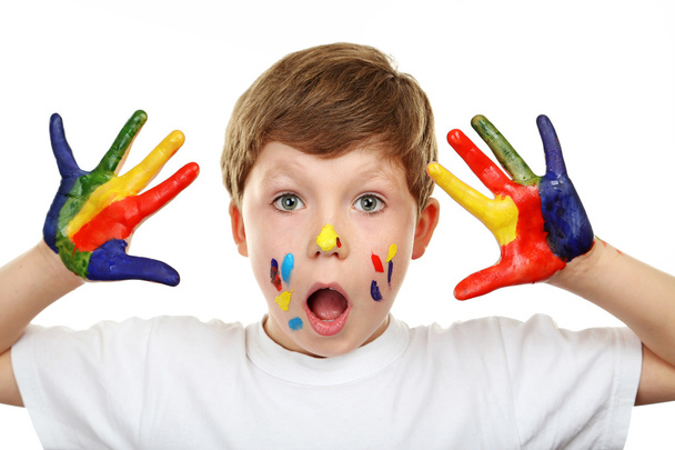 Portrait of beautiful little boy with paints on hands isolated o - Foto, Imagem