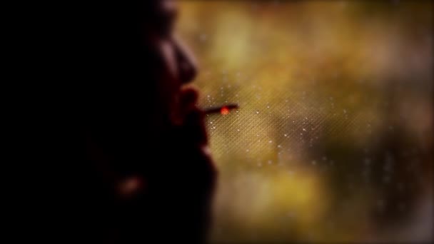 Silhouette of a man  standing by a window and smoking, looking through window on rainy day,rain drops on the window - Metraje, vídeo