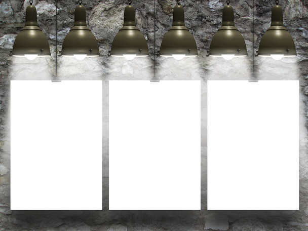 Три повешенных листа бумаги с несколькими лампами
 - Фото, изображение