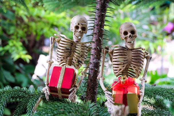 Due scheletri con doni a portata di mano sotto l'albero in primo piano
 - Foto, immagini