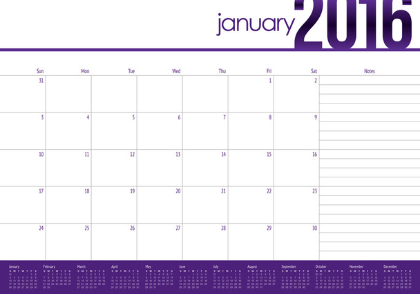 Календарь таблиц 2016 - Январь
 - Вектор,изображение