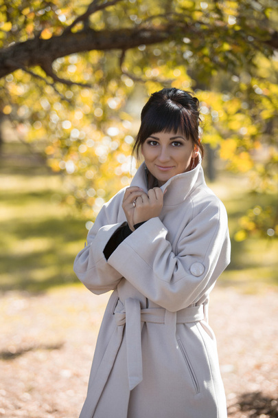 beautiful young woman, girl in a beige coat, in the park, autumn, sunny day - Fotografie, Obrázek