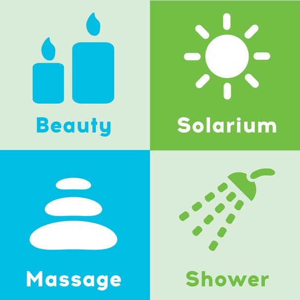 Wellness-Icon-Set: Schönheit, Solarium, Massage, Dusche - Vektor, Bild
