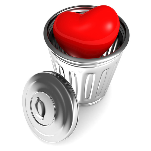 Красное сияющее сердце любви в металлическом мусорном баке
 - Фото, изображение