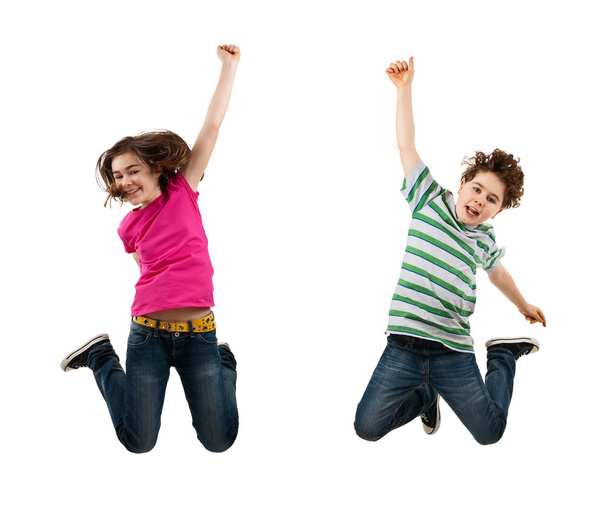 Girl and boy jumping isolated on white background - Fotoğraf, Görsel