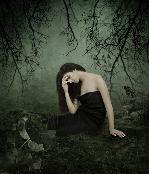 Joven chica triste en el bosque
 - Foto, imagen