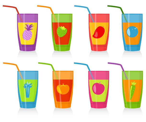 Set of colored glasses with juice. Good for fresh bars, children menu, vegetarian cafe. - Vector, Image