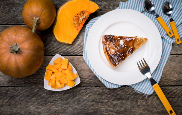 Piece of pie and pumpkin slices - Фото, изображение