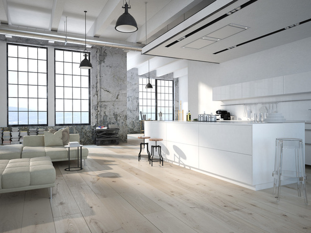 Modern loft with a kitchen .3d rendering - Fotografie, Obrázek