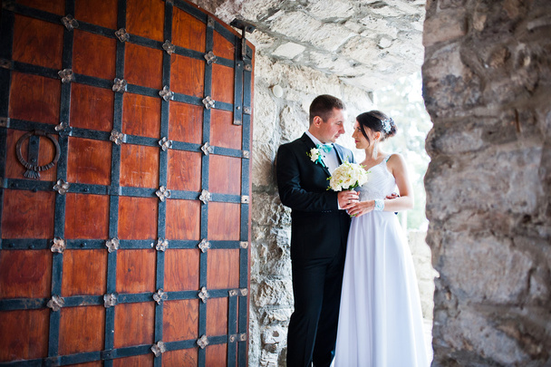 Newly wed in their wedding day near old wooden gate - Photo, image