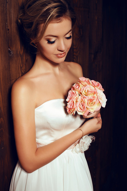 beautiful tender bride in elegant lace wedding dress - 写真・画像