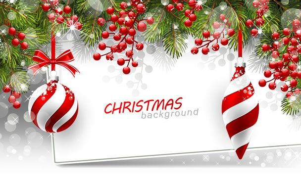 Christmas background with fir branches and red balls - Vector, afbeelding