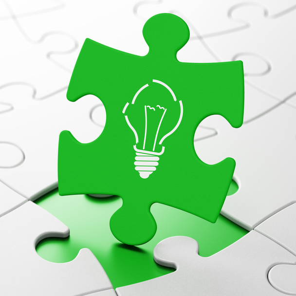 Finance concept: Light Bulb on puzzle background - Foto, Imagen