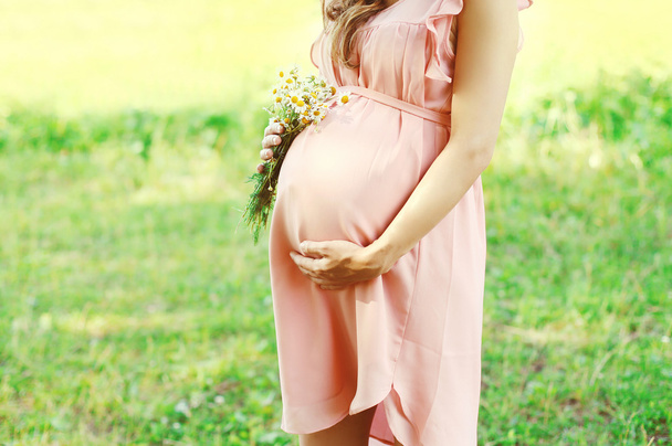 Szép terhes nő felett nyári háttérben chamomiles virágokkal - Fotó, kép