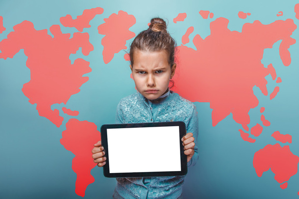 teen girl angry evil keep your tablet  world map education background - Fotoğraf, Görsel